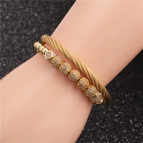 Roestvrij Stalen En Koperen Bangle Armband Kroon Zirconia Kralen Verstelbare Gevlochten Touw Sieraden Voor Heren Dames
