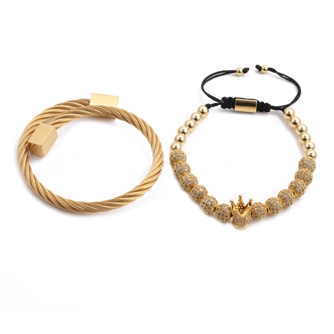 Roestvrij Stalen En Koperen Bangle Armband Kroon Zirconia Kralen Verstelbare Gevlochten Touw Sieraden Voor Heren Dames