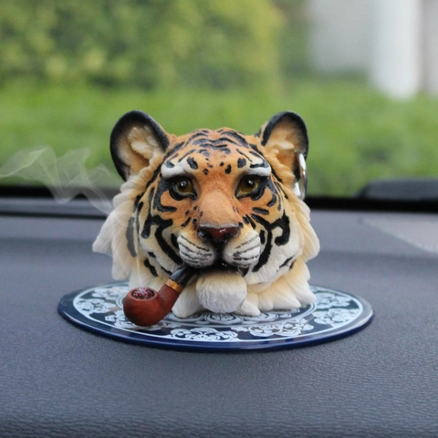 Realistic Tiger Head Car Dashboard Ornament Resin Smoking Animal Figurine With Pipe And Porcelain Style Anti Slip Mat