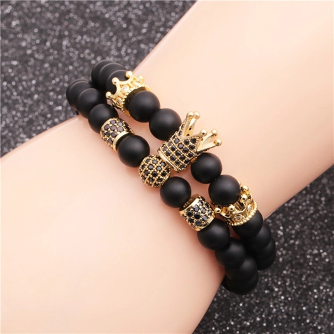 Crown Beaded Bracelet Matte Natural Stone Micro Pave Cubic Zirconia Ball Jewelry For Men Women Elastic Fashion