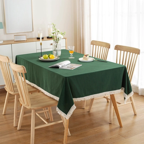 Solid Color Washed Cotton Tablecloth With Tassel Fringe Rectangle Table Cover For Dining Room Christmas Decor