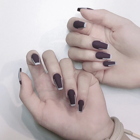 Uñas Postizas Press On Mate Borgoña Morado French Largo Forma Ataúd Gris Geométrico Impermeable Removible