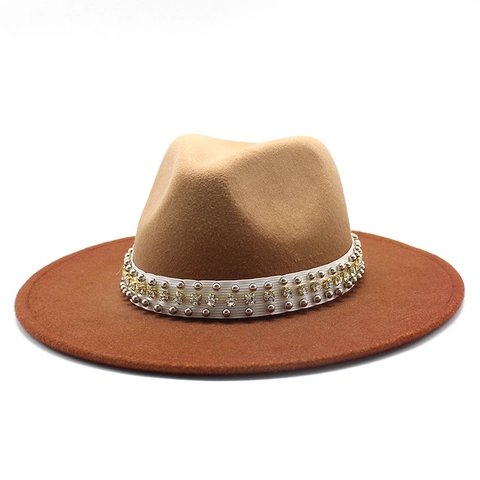 Fedora Hut Wollfilz Breite Krempe Farbverlauf Britischer Stil Strass Nietenband Dekoration Damen Jazz Hut