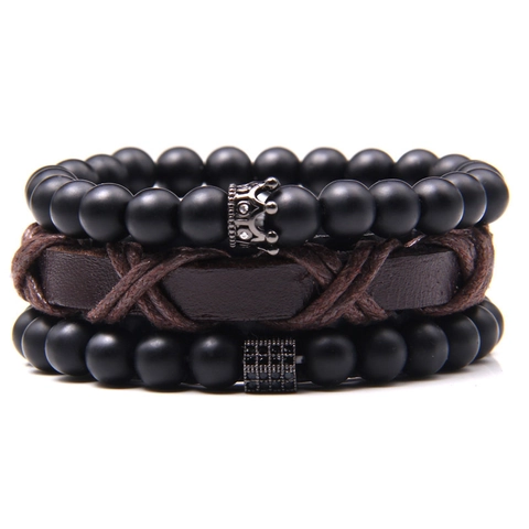 Ensemble de Bracelets en Pierre Naturelle Homme Agate Œil de Tigre Lave Perles Cuir Tressé Bracelets Punk Boho Bijoux Avec Croix Crâne Lion Charmes