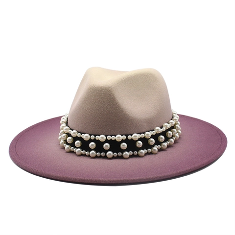 Eleganter Fedora Hut Mit Breiter Krempe Wollfilz Zweifarbiges Patchwork Kunstperlen Dekoration Britischer Stil Jazz Kappe