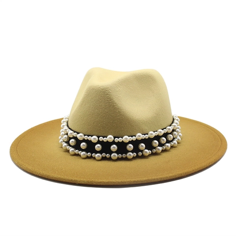 Eleganter Fedora Hut Mit Breiter Krempe Wollfilz Zweifarbiges Patchwork Kunstperlen Dekoration Britischer Stil Jazz Kappe