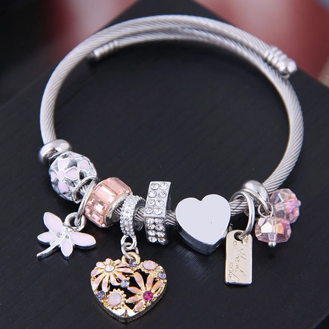 Vintage Ethnischen Charme Armband Legierung Stahl Strass Kristall Herz Gänseblümchen Libelle Anhänger Schmuck Für Frauen