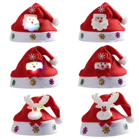 Cappello Di Natale LED Luminoso Cartone Animato Babbo Natale Pupazzo Di Neve Renna Peluche Tessuto Non Tessuto Lustrini