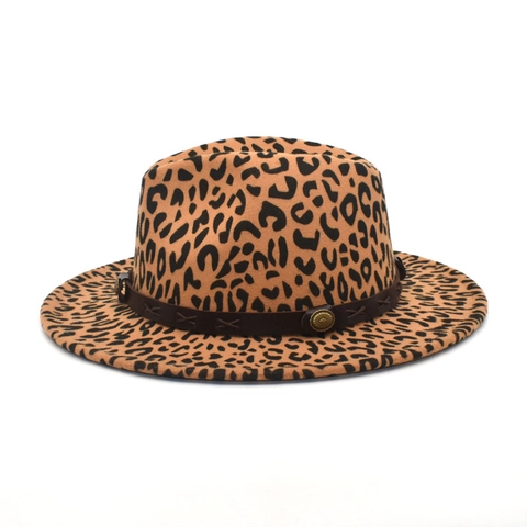 Luipaardprint Fedora Hoed Wolvilt Brede Platte Rand Britse Retro Jazz Hoed Met Leren Band Metalen Klinknagels Dames Heren