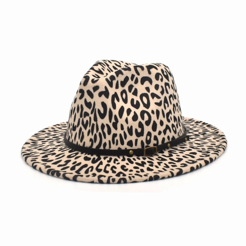 Cappello Fedora Vintage Stampa Leopardata Feltro Di Lana Tesa Larga Jazz Cap Con Fibbia Cintura Pelle Moda Unisex