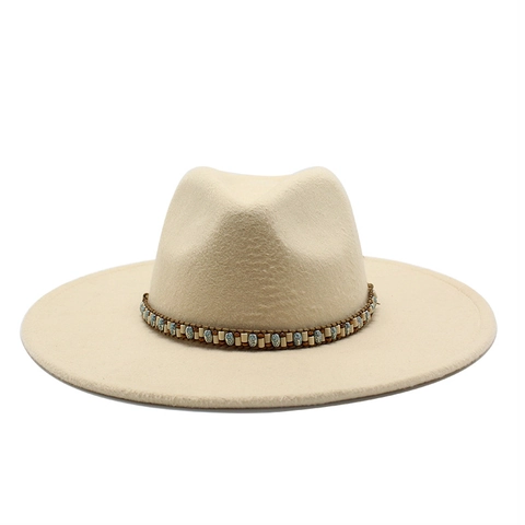 Wide Brim Fedora Hat Woolen Felt With Bohemian Beaded Band Ethnic Jazz Cap For Women Men Outdoor Sunshade Accessory