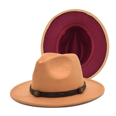 Cappello Fedora In Feltro Di Lana Bicolore Tesa Larga Piatta Colore A Contrasto Stile Jazz Vintage Con Cinturino Cuoio