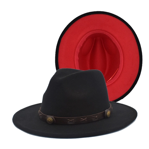 Cappello Fedora In Feltro Di Lana Bicolore Tesa Larga Piatta Colore A Contrasto Stile Jazz Vintage Con Cinturino Cuoio