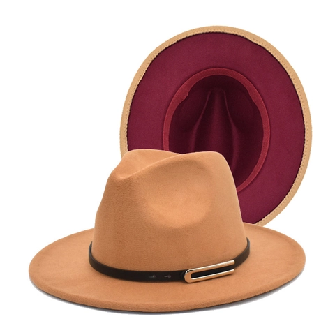 Unisex Two-Tone Cotton Blend Fedora Hat Wide Flat Brim Wool Like Felt Jazz Hat With Belt Buckle Fashion Accessory For Men Women