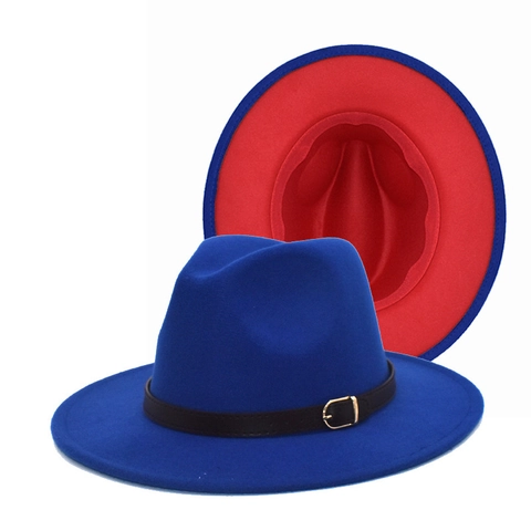 Cappello Fedora Feltro Di Lana Bicolore Contrasto Tesa Larga Fibbia Cintura Retro Jazz Unisex Piatto