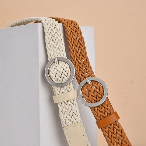 Ceinture Tressée Pour Femmes Corde De Cire Rétro Ajustable Boucle Ardillon Ronde Style Coréen Sangle De Taille Décontractée