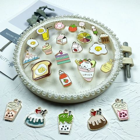 Cute Food Enamel Charms Alloy Drip Oil Pendants For DIY Jewelry Making Cake Milk Tea Strawberry Accessories Kawaii