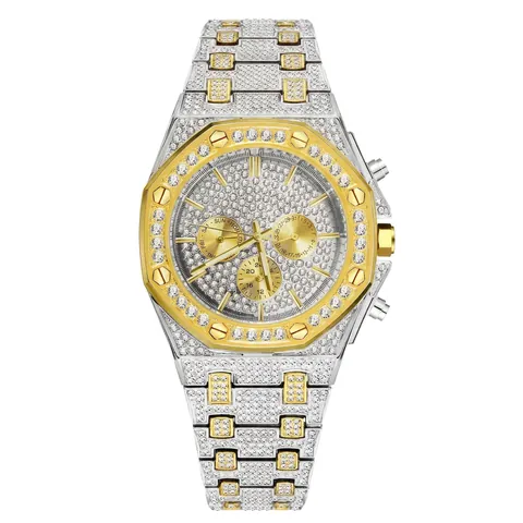Herren Quarzuhr Iced Out Full Rhinestone Oktogonale Lünette Luxus Hip Hop Mode Wasserdichte Chronograph Armbanduhr