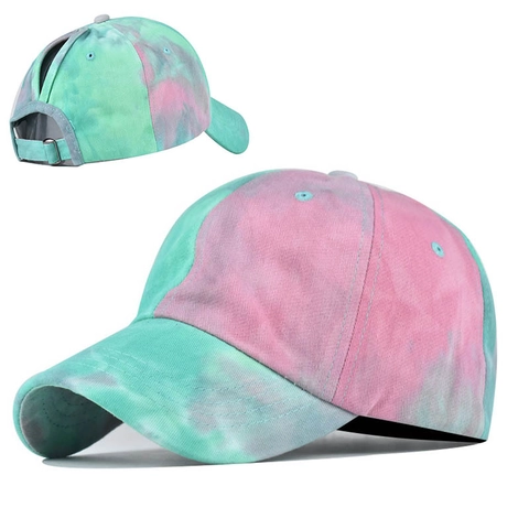 Gorra De Béisbol Con Coleta Para Mujer Tie Dye Sombrero Para Moño Alto 100% Algodón Ajustable Estilo Lavado Gorra Sol