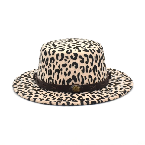 Vintage Leopard Print Flacher Filzhut Wollfilz Boater Hut Breite Krempe Jazz Fedora Mit Lederband Metallschließe