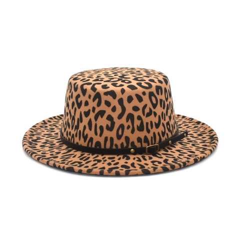 Leopardenmuster Wollfilz Hut Mit Flacher Krone Breiter Krempe Fedora Für Damen Und Herren Vintage Jazz Kappe Mit Schnalle