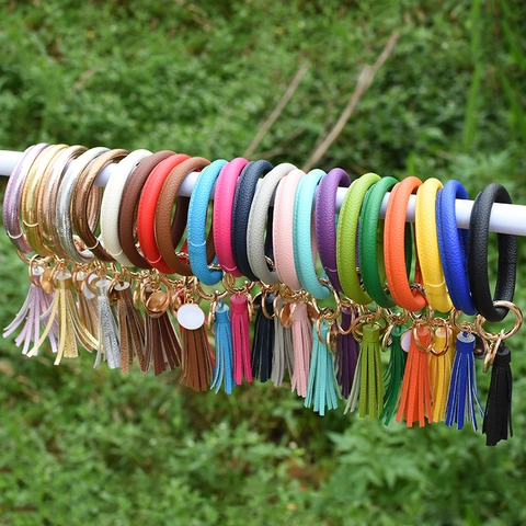 O Ring Wristlet Keychain Bracelet PU Leather Tassel Pendant Key Ring Fashion Boho Jewelry Women