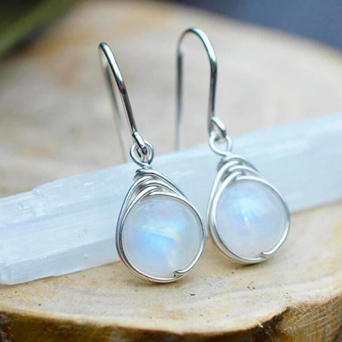 Handmade Wire Wrapped Moonstone Drop Hook Earrings Round Bead Bohemian Natural Stone Jewelry For Women