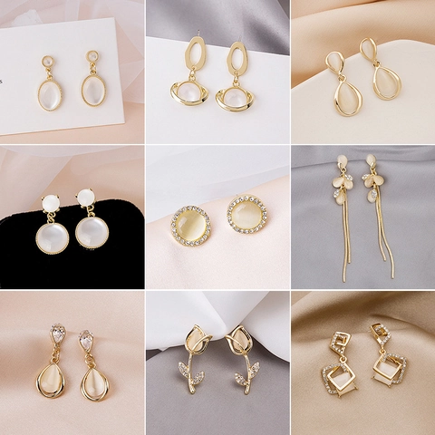 Alloy Cat Eye Stone Earrings With 925 Sterling Silver Earring Post Rhinestone Tulip Drop Geometric Elegant For Women