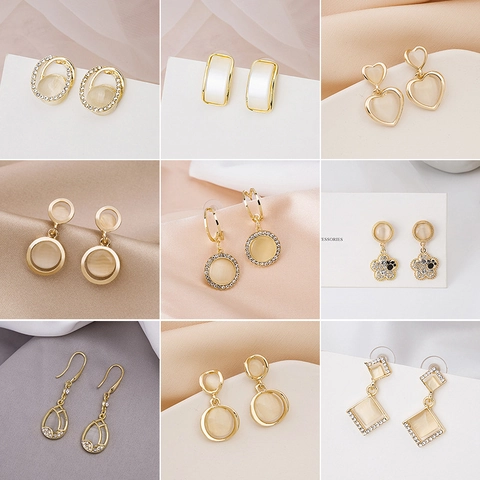 Alloy Cat Eye Stone Earrings With 925 Sterling Silver Earring Post Rhinestone Tulip Drop Geometric Elegant For Women