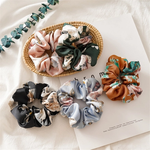 Floral Print Satin Scrunchies Elegant Hair Ties Satin Texture Elastic Ponytail Holder Accessories For Women Girls