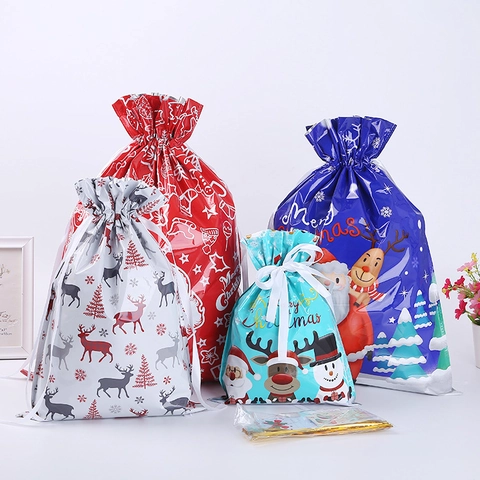 Christmas Gift Bags Drawstring Ribbon Laser Aluminum Foil Plastic Holiday Candy Wrap Reusable Santa Reindeer Snowflake Style