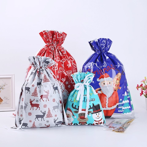 Weihnachten Kordelzug Geschenktüten Weihnachtsmann Rentier Muster Kunststoff Feiertag Favoriten Taschen Für Party Geschenkverpackung