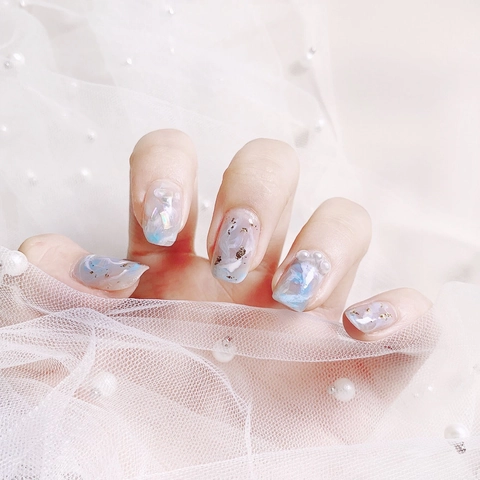 Light Blue Marble Press On Nails With Gold Foil And Artificial Pearl Decor Square Round Elegant Fake Nails