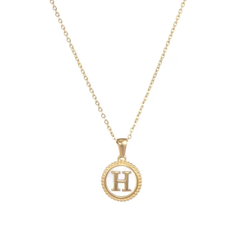 18K Gold Plated Stainless Steel Initial Necklace For Women Round Coin Pendant With Mother Of Artificial Pearl Inlay Alphabet Letter