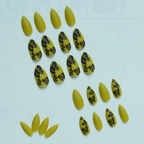 Ψεύτικα Νύχια Almond Stiletto Ματ Κίτρινο Μουστάρδας Σχέδιο Πεταλούδα Αδιάβροχα Αφαιρούμενα Τεχνητά Νύχια Για Γυναίκες