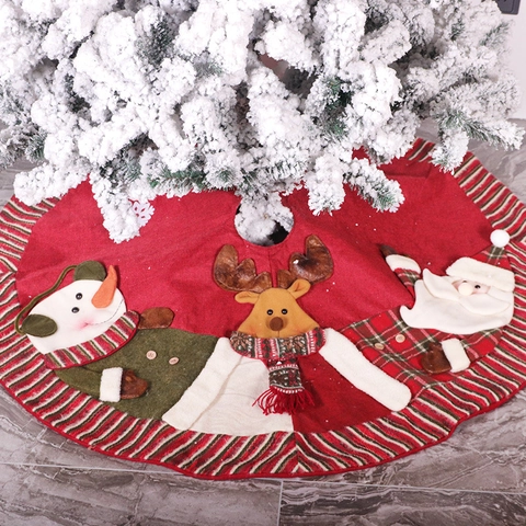 Christmas Tree Skirt Santa Snowman Reindeer Striped Edge Felt Cloth Festive Holiday Floor Cover Ornament