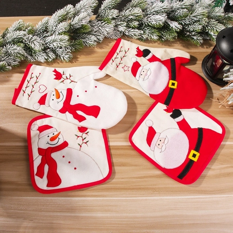 Decorazione Natalizia Guanti Da Cucina E Presine Babbo Natale Pupazzo Di Neve Ricamati Tessuto Ornamento Tavola Festivo