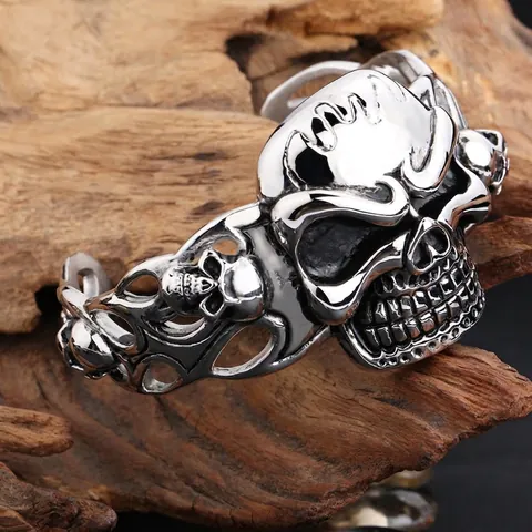 Skull Cuff Bracelet Stainless Steel Retro Punk Gothic Style Open Bangle For Men Adjustable Cool Jewelry
