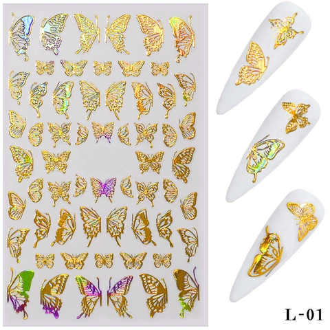 Adesivi Unghie Farfalla Olografica Laser Oro Argento Autoadesivi Decorazione Manicure DIY Donne