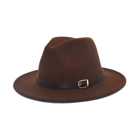 Wide Brim Woolen Fedora Hat With Leather Belt Gold Buckle Retro Solid Color Jazz Cap For Men Women