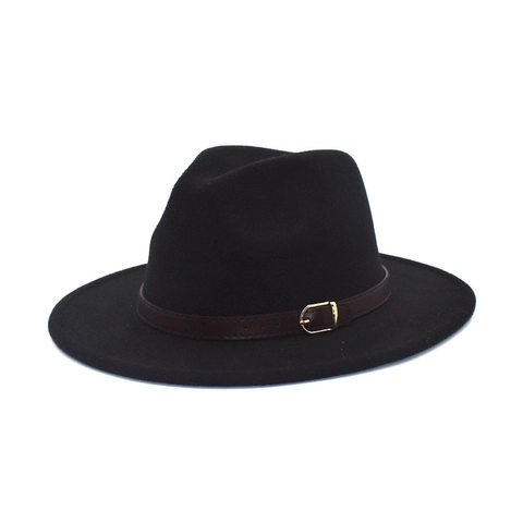 Wide Brim Woolen Fedora Hat With Leather Belt Gold Buckle Retro Solid Color Jazz Cap For Men Women
