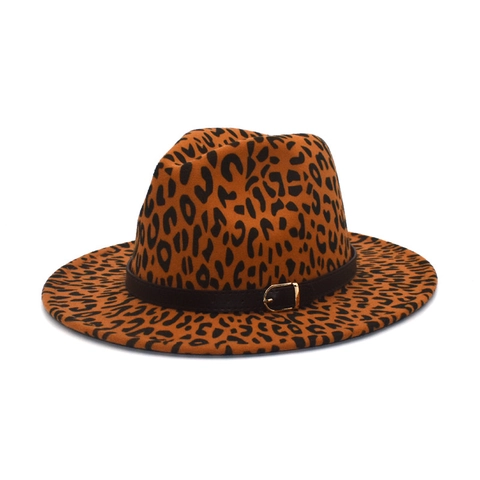 Leopard Print Wool Fedora Hat Wide Brim Retro Jazz Cap With Belt Buckle For Women And Men Vintage British Style