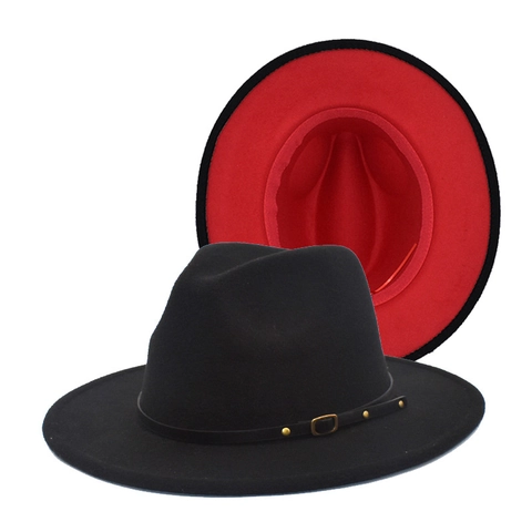 Fedora Hat Wide Flat Brim Two Tone Contrast Color Cotton Polyester Wool Felt Texture Leather Belt Decor Unisex Jazz Cap