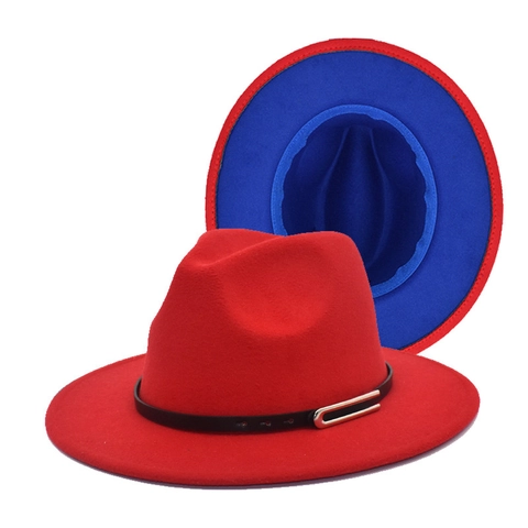 Unisex Two-Tone Cotton Blend Fedora Hat Wide Flat Brim Wool Like Felt Jazz Hat With Belt Buckle Fashion Accessory For Men Women