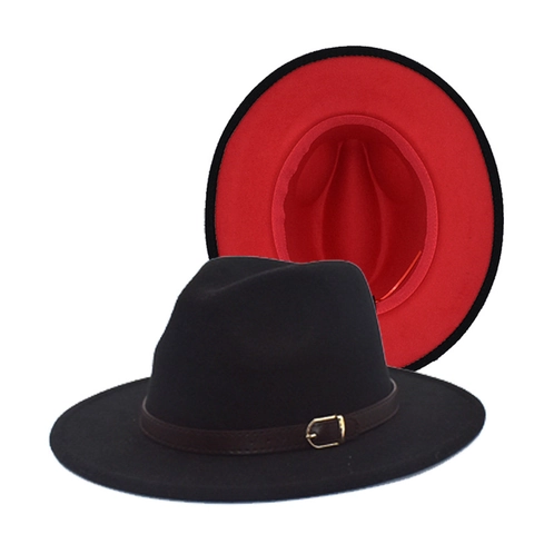 Cappello Fedora Feltro Di Lana Bicolore Contrasto Tesa Larga Fibbia Cintura Retro Jazz Unisex Piatto