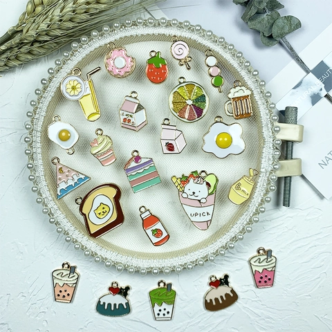 Cute Food Enamel Charms Alloy Drip Oil Pendants For DIY Jewelry Making Cake Milk Tea Strawberry Accessories Kawaii