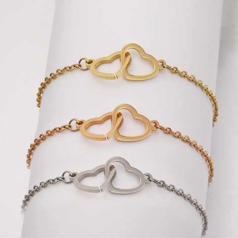 Verstrengelde Dubbele Hart Armband Enkelbandje 304 Roestvrij Staal Spiegelgepolijst Minimalistische Mode Sieraden Cadeau