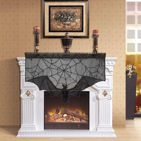 Black Lace Halloween Fireplace Scarf Spider Web Bat Tablecloth Window Curtain Decoration Gothic Party Home Ornament