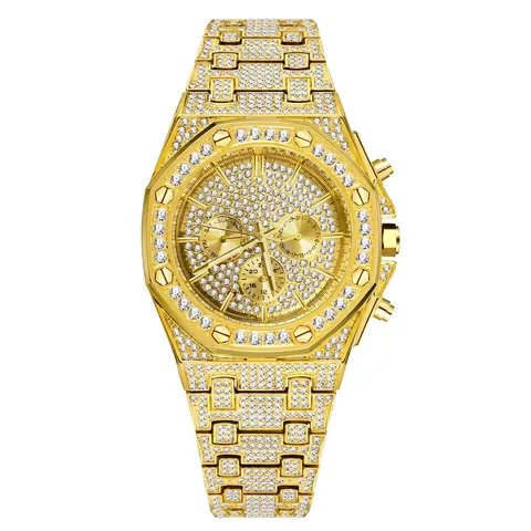 Herren Quarzuhr Iced Out Full Rhinestone Oktogonale Lünette Luxus Hip Hop Mode Wasserdichte Chronograph Armbanduhr