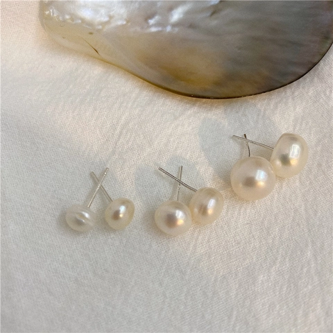 Freshwater Pearl Stud Earrings With Silver Earring Post Vintage Geometric Minimalist Dainty Elegant Women Jewelry